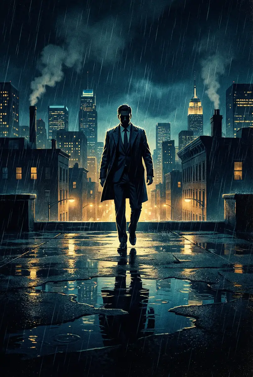 《年轻漂亮的老师6》在线观看 出品影片《雨夜独行者》海报，雨中城市屋顶男性剪影